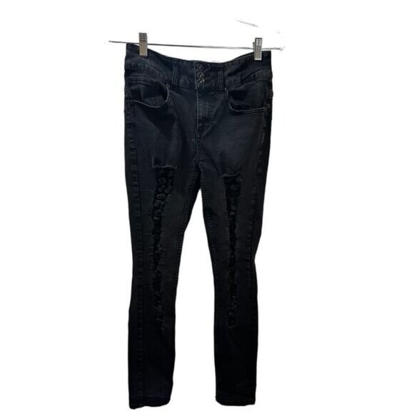 HT‎ Denim Black Destructed Hi-Rise Super Skinny Jeans 7 Juniors - Picture 2 of 8